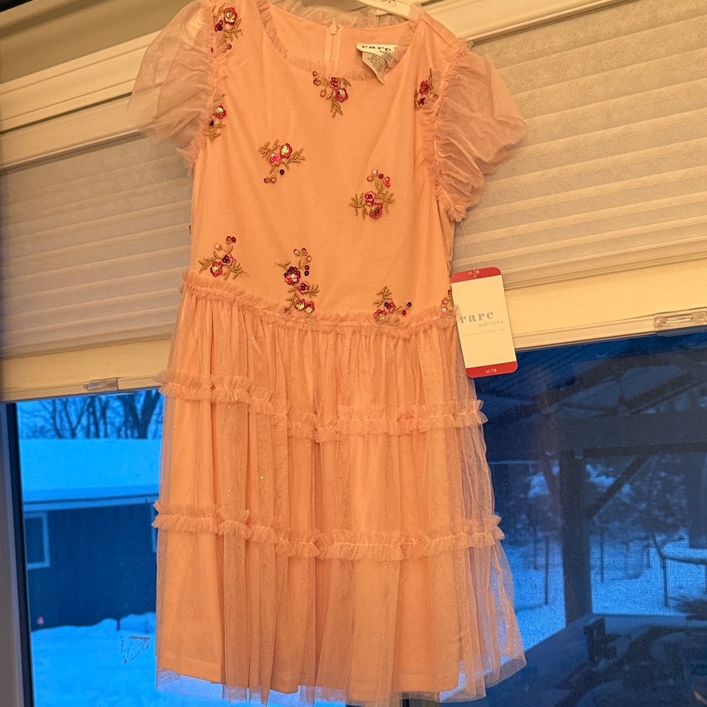 Rare Editions Peach Floral Dress with Tulle